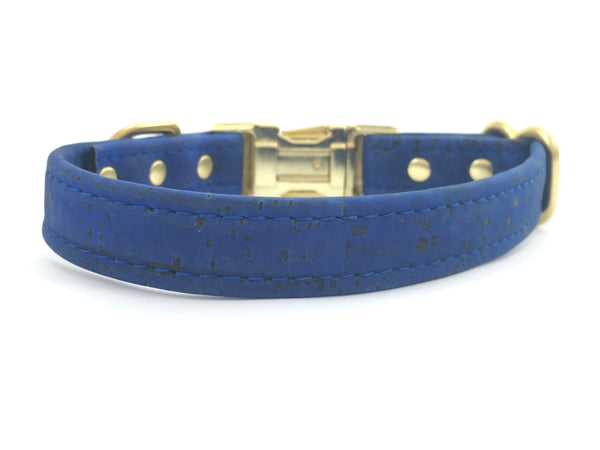 Boy dog collar in bright navy blue unique vegan cork leather with gold brass hardware