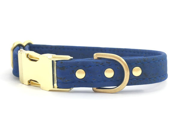 Blue vegan cork leather dog collar for boy and girl dogs, handmade in the UK