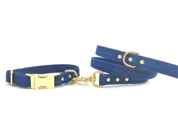 Blue vegan cork leather dog collar and lead with luxury solid brass hardware