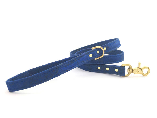 Blue dog leash in luxury vegan cork leather with matching collar available
