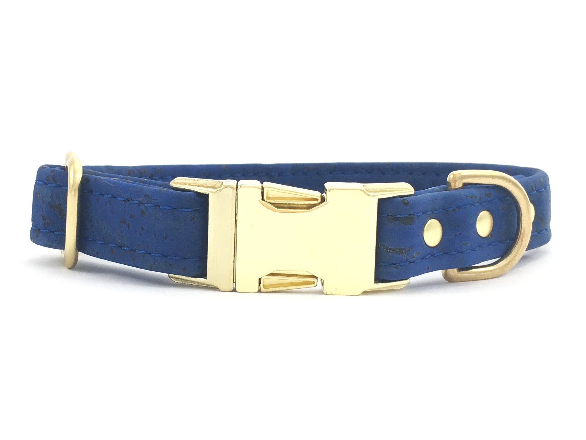 Blue dog collar in vegan cork leather with brass buckle and hardware, made in the UK