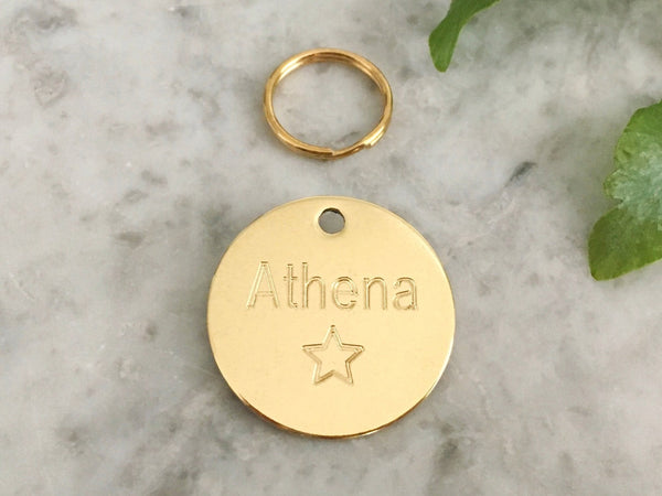 Luxury Brass Cat ID Tag with Star engraved with personalised details in the UK