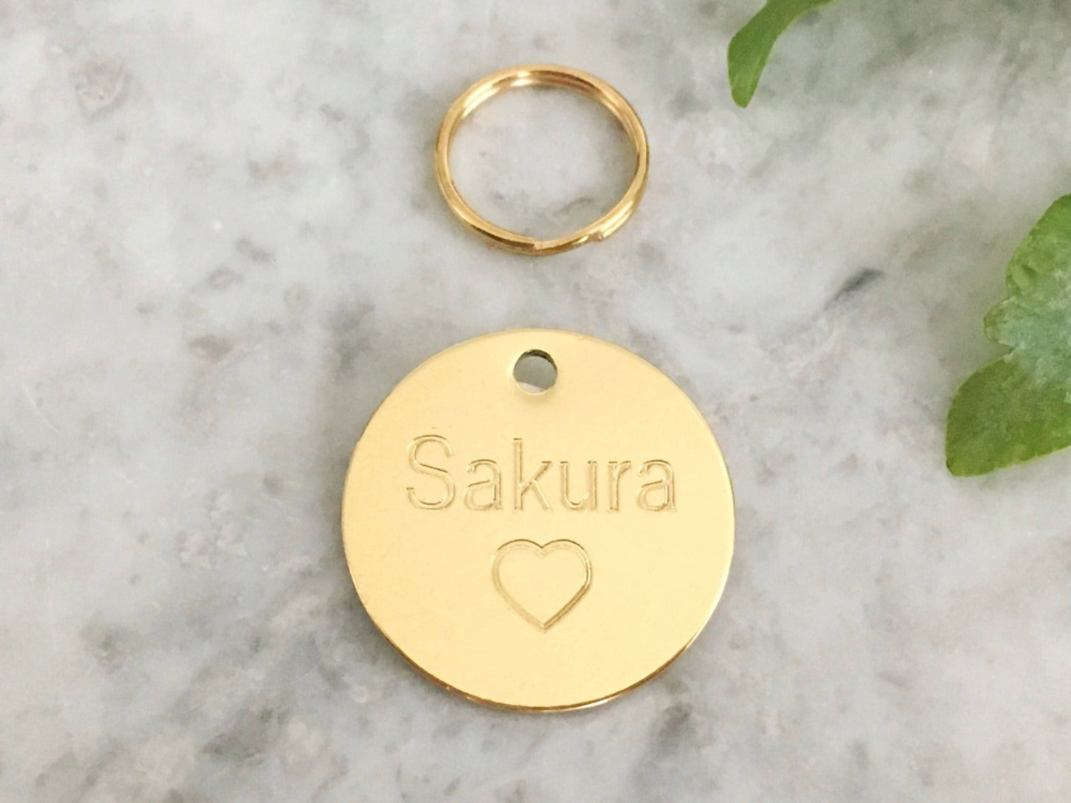 Dog ID tag with cute heart design in luxury polished brass with personalised engraving