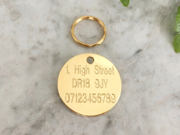 Dog and puppy ID tag with oversized initial design in luxury solid brass, engraved in the UK.