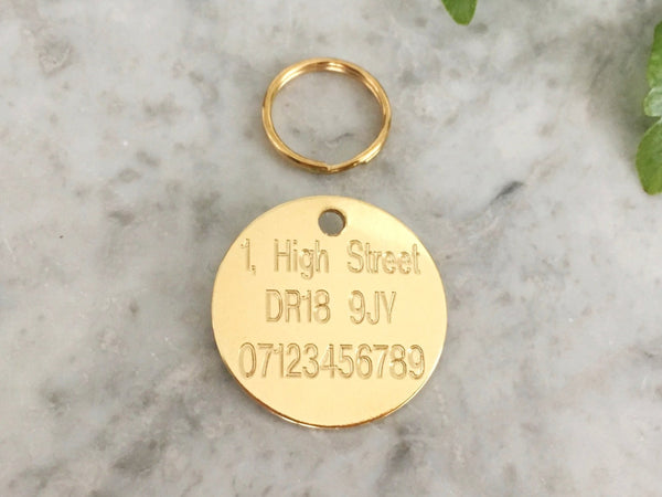 French Bulldog dog collar tag with personalised engraving in luxury solid brass, engraved in the UK.
