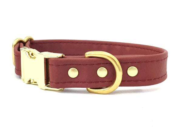 Burgundy dog and puppy collar in vegan silicone leather and luxury brass.