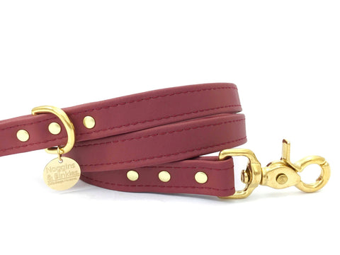 Burgundy vegan silicone leather dog and puppy lead in luxury brass, made in the UK.
