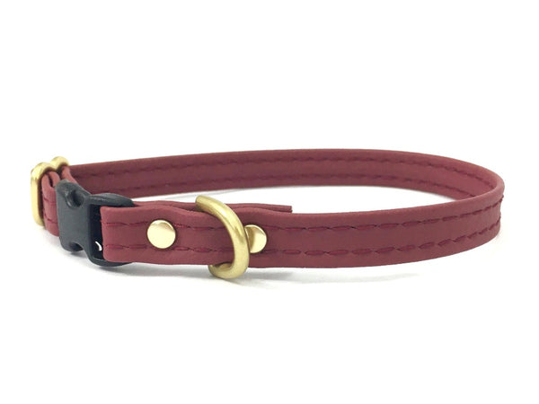 Maroon burgundy vegan silicone leather miniature dog collar with luxury brass, suitable for Chihuahuas and Miniature Dachshunds. 