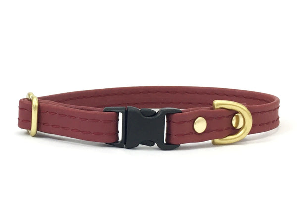 Burgundy miniature dog and puppy collar for small dogs, made from vegan silicone leather and brass.