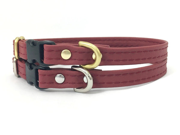 Burgundy small dog and puppy collar in vegan silicone leather and luxury brass, made in the UK.