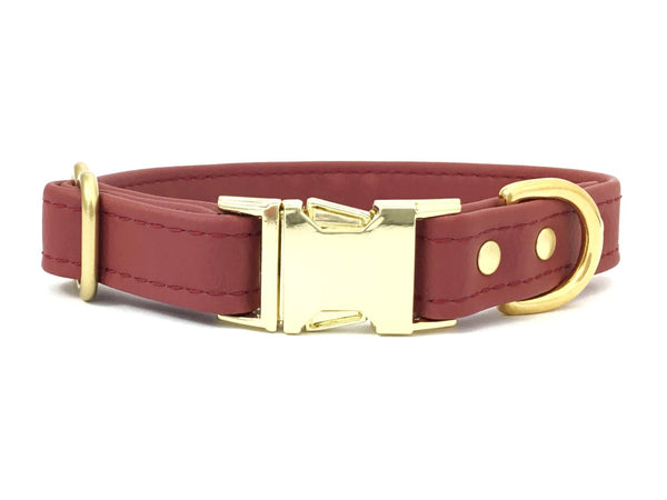 Burgundy vegan silicone leather dog collar with brass buckle, made in the UK.