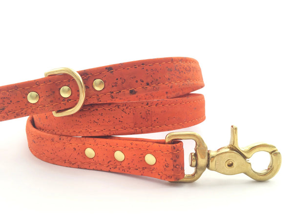 Luxury orange dog lead/leash in vegan cork 'leather' with solid brass gold trigger snap hook