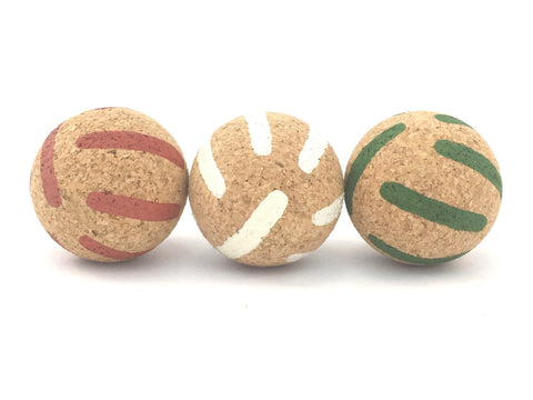 Christmas cat ball toys in eco friendly cork, festive green, red and white stripes design.
