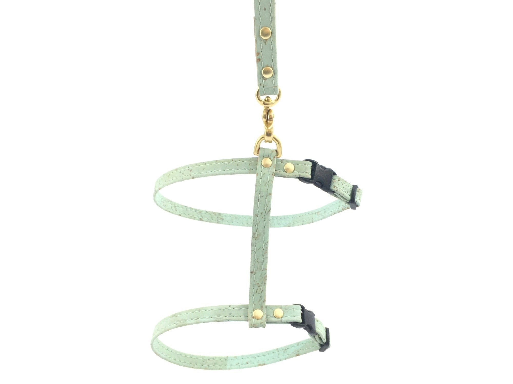 cat harness and leash in luxury vegan cork 'leather' with solid brass hardware, available in white, orange, green, pink, yellow and turquoise blue