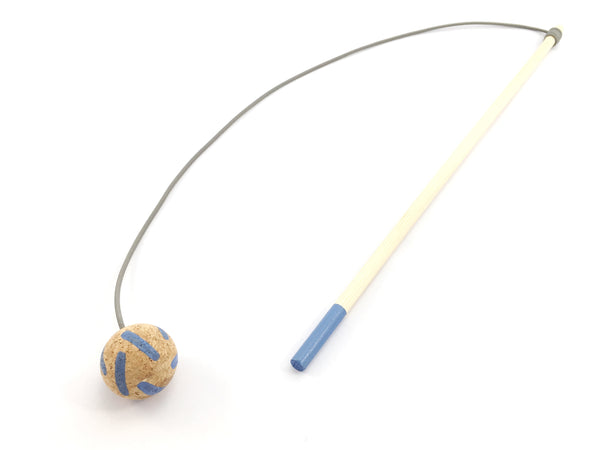 Cat Teaser Wand Toy - Blue Stripes Cork Ball With Solid Wood Stick