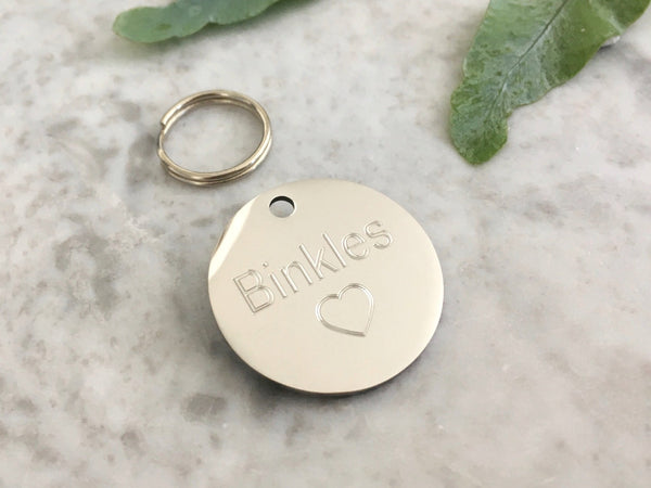 Cat and kitten heart ID tag in silver stainless steel, small and lightweight, engraved in the UK.