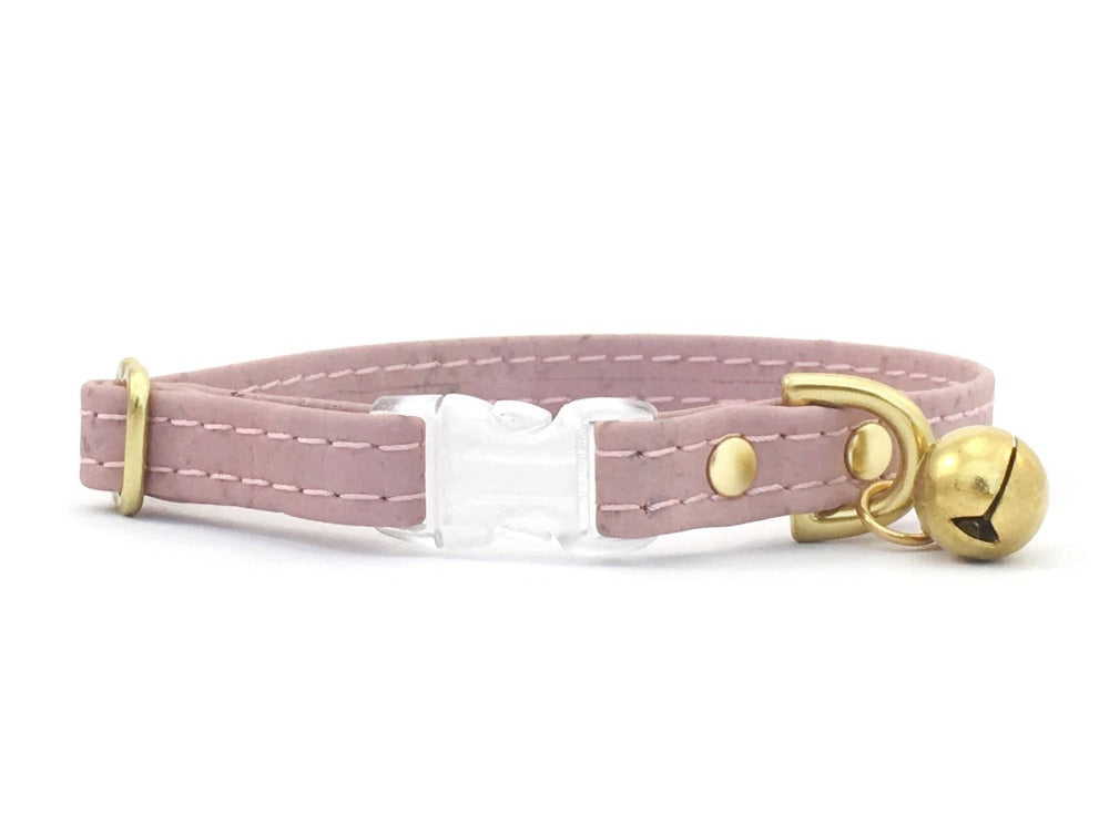 Cute light pink vegan cork leather cat collar with breakaway buckle and bell, made in the UK