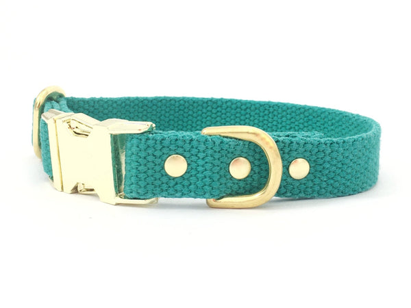 Emerald green dog collar in cotton webbing and luxury brass hardware.