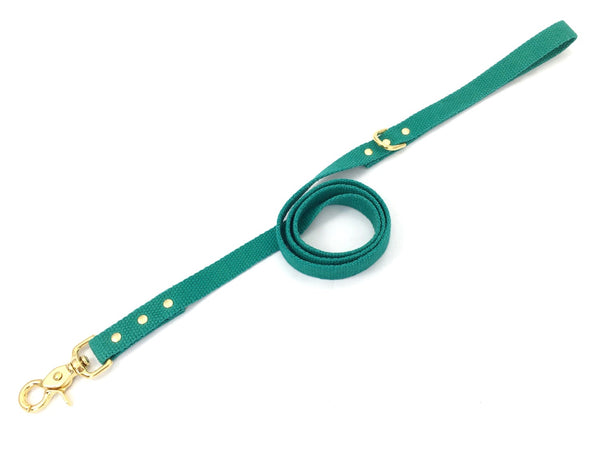 Emerald green cotton dog lead with luxury brass, made in the UK, matching dog harness and collar available.