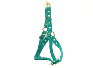 Emerald green dog and puppy harness in natural cotton webbing and luxury brass, made in the UK.