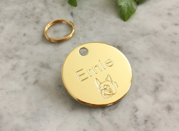 French Bulldog dog name ID tag in luxury brass with Frenchie head design.