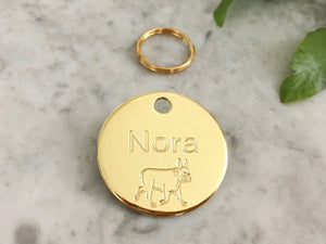 French bulldog dog ID tag in luxury solid brass with personalised engraving. Engraved in the UK.