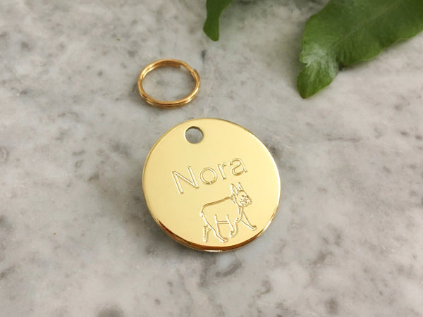 French Bulldog dog name tag with personalised engraving in luxury solid brass. French Bulldog tag gift UK.