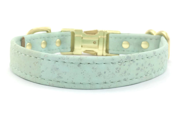 Pastel green dog collar in ethical, sustainable and eco friendly vegan cork leather, with brass hardware