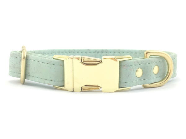 Luxury green vegan cork 'leather' dog collar with brass buckle and solid brass hardware available in small, medium and large