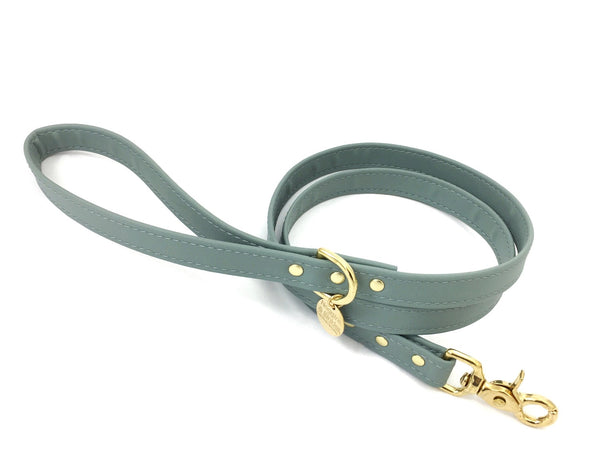 Grey dog lead in vegan silicone leather, waterproof and stink proof, strong brass hardware.