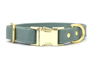 Grey vegan silicone leather dog and puppy collar with luxury brass buckle, made in the UK.
