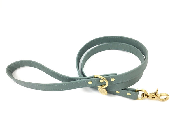 Grey dog lead silicone vegan leather with luxury brass. Designed and made in the UK.