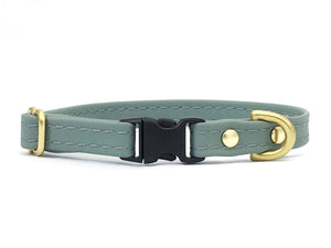 Grey miniature dog and puppy collar in sage grey vegan silicone leather, suitable for tiny dogs, such as Chihuahuas and Miniature Dachshunds. 