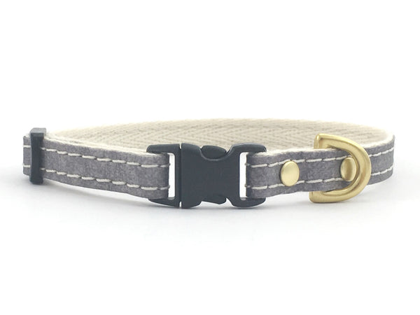 Grey toy dog collar in vegan leather, cotton and luxury brass