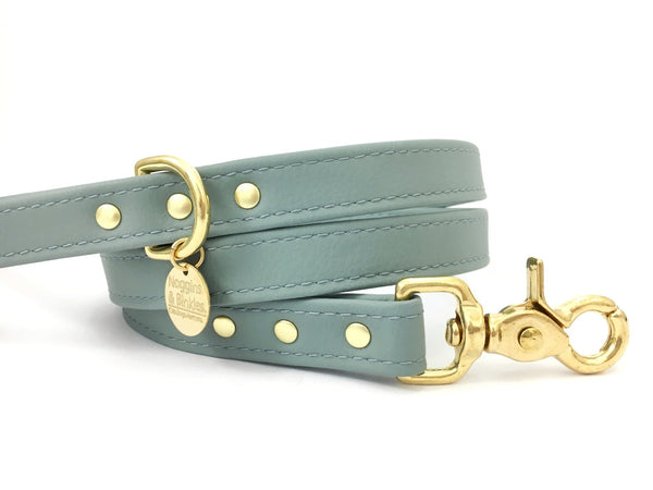 Grey vegan silicone leather dog and puppy lead with luxury brass hardware, made in the UK.