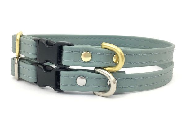 Grey vegan silicone leather miniature dog and puppy collar in luxury brass or silver, made in the UK.