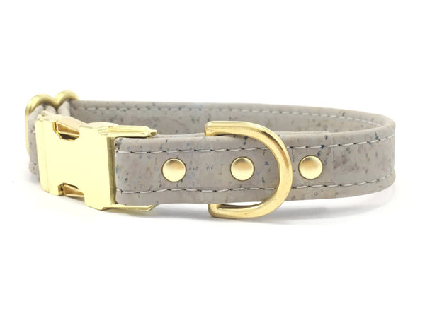 Grey vegan cork leather dog and puppy collar with luxury brass buckle