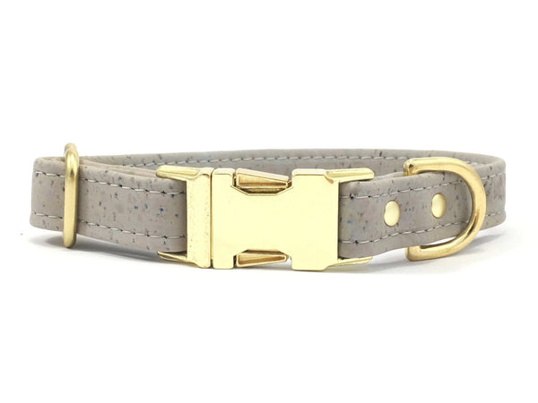 Grey dog collar in vegan cork leather and luxury brass quick release buckle