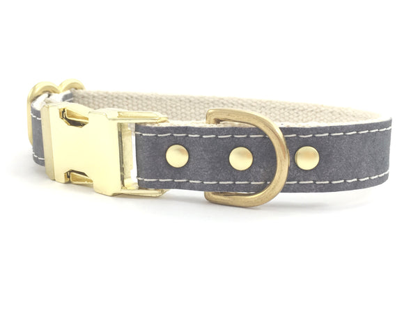 Grey Vegan Leather Dog Collar With Brass Buckle