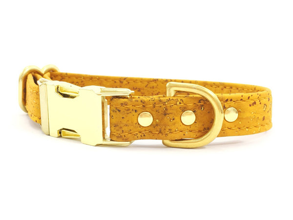 Mustard yellow dog or puppy collar in eco friendly vegan cork leather and luxury brass, matching lead available.