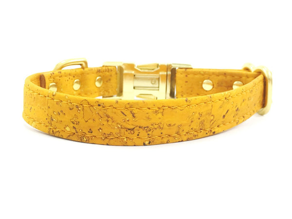 Yellow dog collar in ethical vegan cork leather, available in small to large sizes, made in the UK