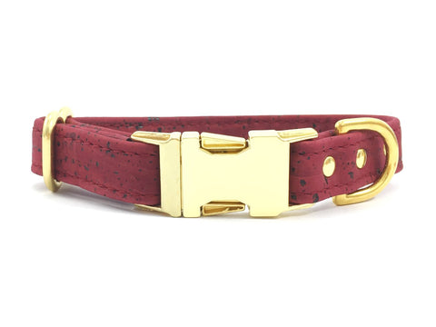 Burgundy vegan cork leather dog collar with brass buckle and solid brass hardware, matching lead available