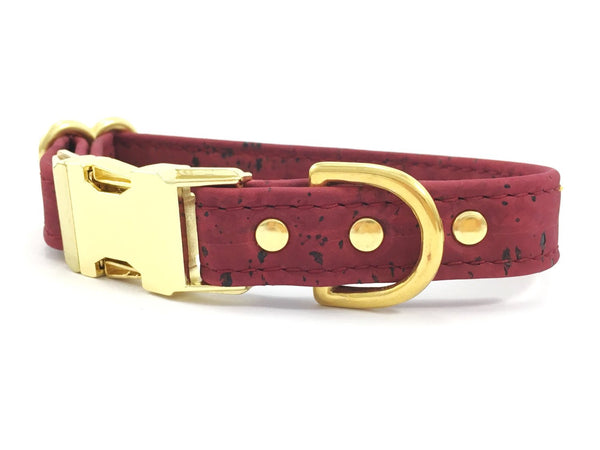 Burgundy vegan leather dog collar made with ethical and sustainable cork 'leather' available in extra small, small, medium and large
