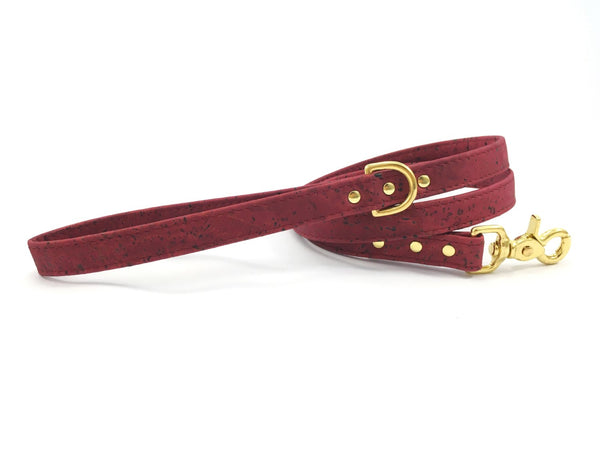 Burgundy dog leash / dog lead in luxury and vegan cork leather with matching collar available