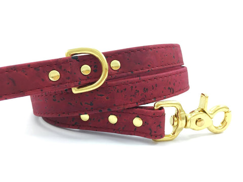 Burgundy cork leather dog lead / dog leash in vegan cork leather with solid brass trigger snap hook and hardware
