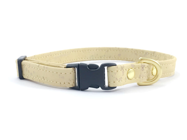 Luxury extra small/miniature dog collar in pastel yellow vegan cork 'leather' with black buckle and solid brass hardware