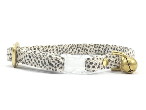 Luxury grey polka dot cotton breakaway safety cat collar with transparent buckle and solid brass bell and hardware
