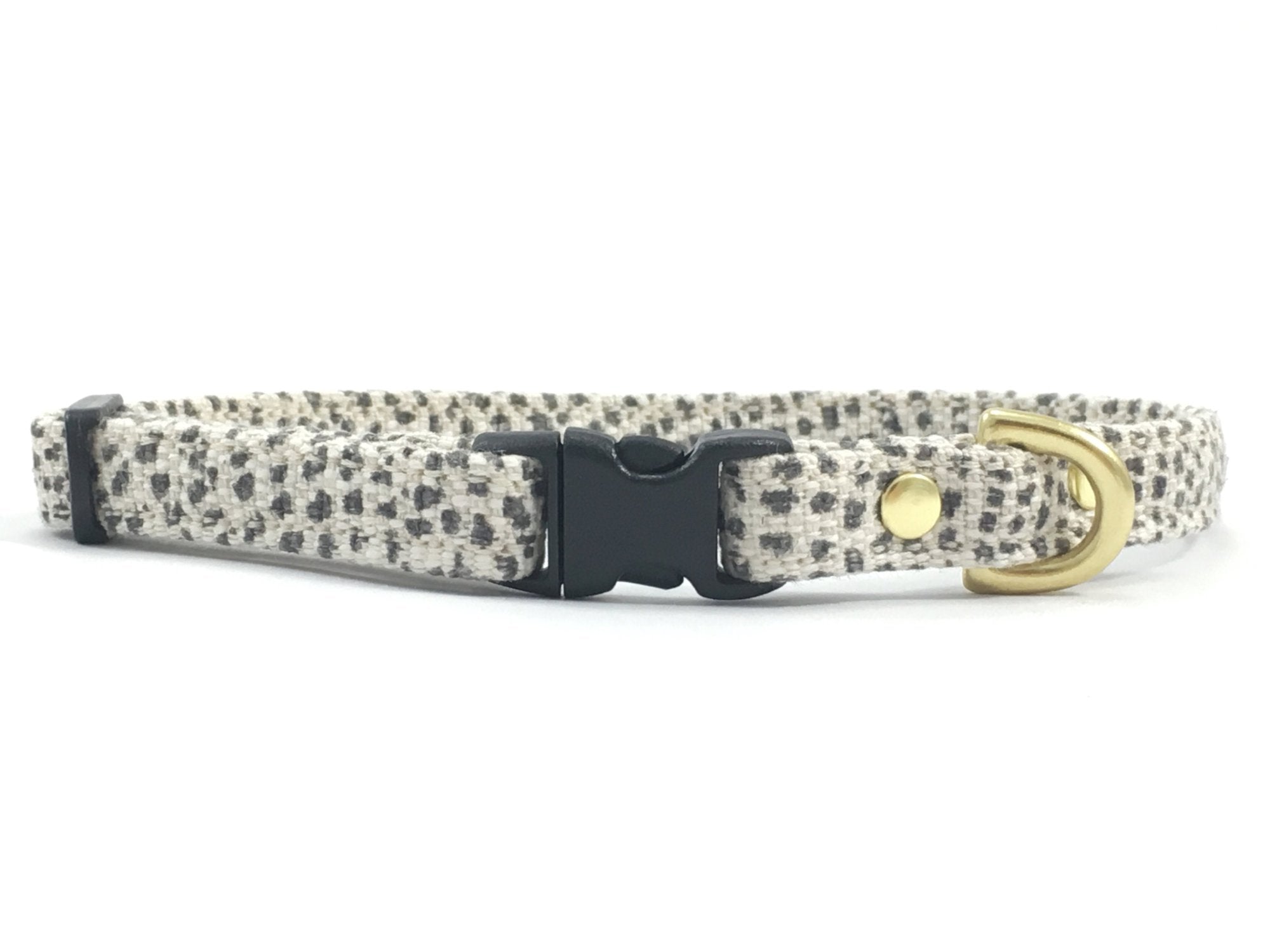 Miniature/toy dog collar in luxury grey polka dot cotton/linen with black buckle and slider and solid brass hardware
