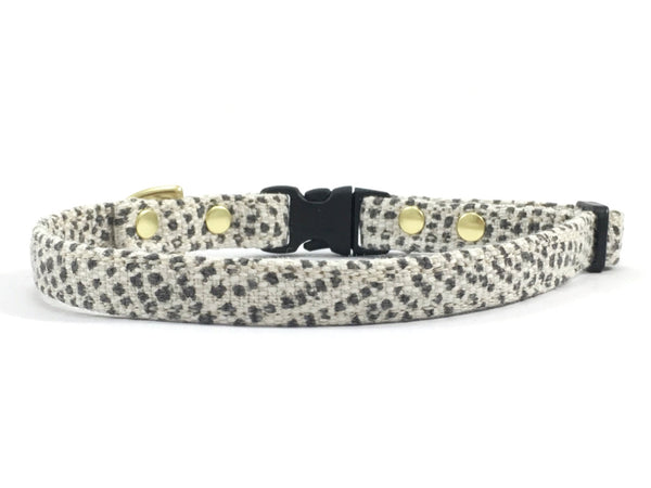 Grey polka dot miniature/extra small dog collar with black buckle and slider and solid brass hardware, by Noggins & Binkles