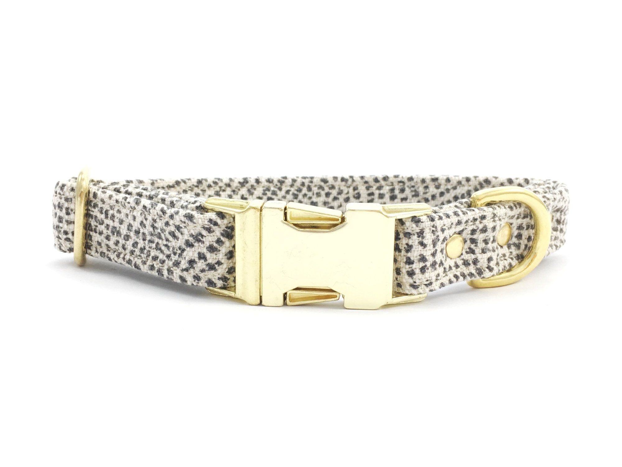 Luxury grey polka dot cotton fabric dog collar with brass buckle & solid brass hardware, made in London in the UK